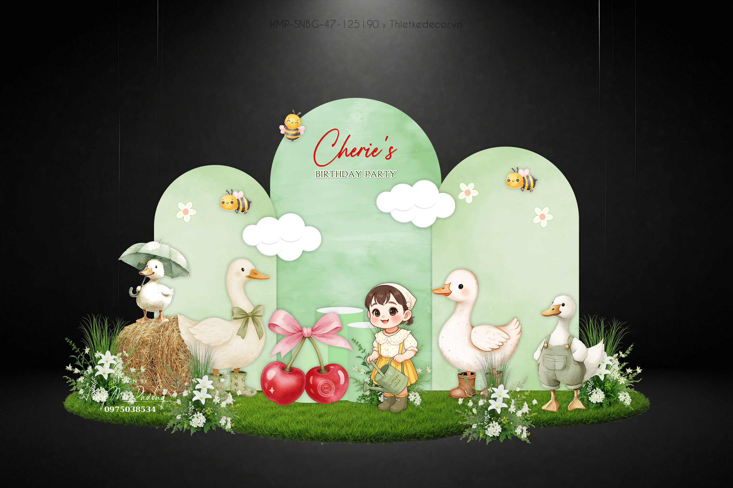 Tiệc sinh nhật bé gái tone xanh lá chủ đề cherry và nông trại